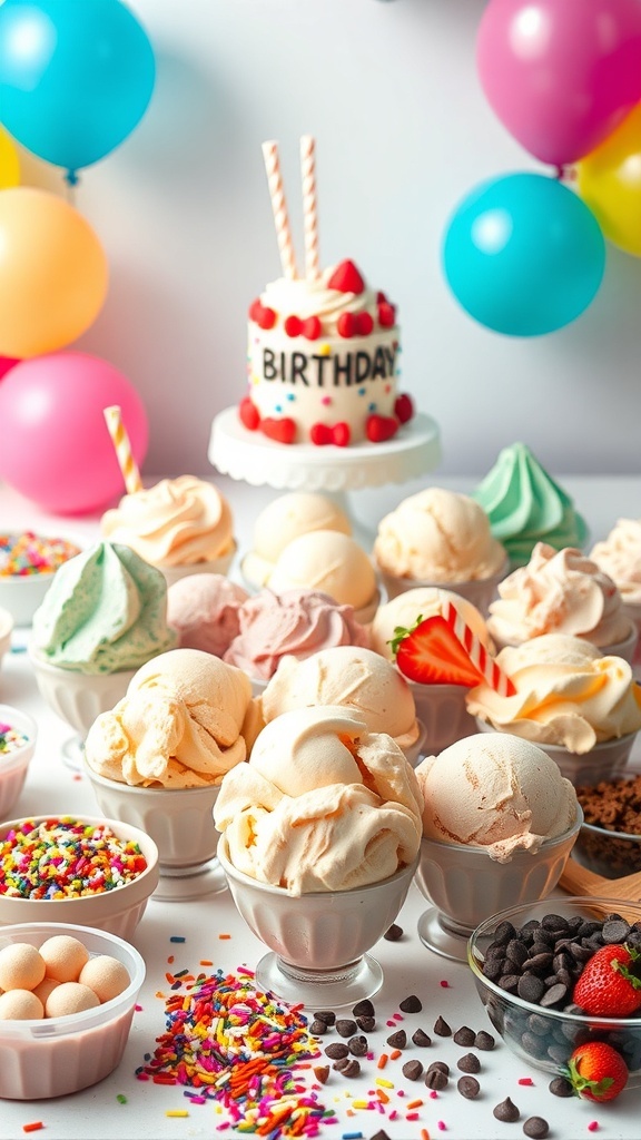 An ice cream bar with various flavors and toppings for a birthday party.